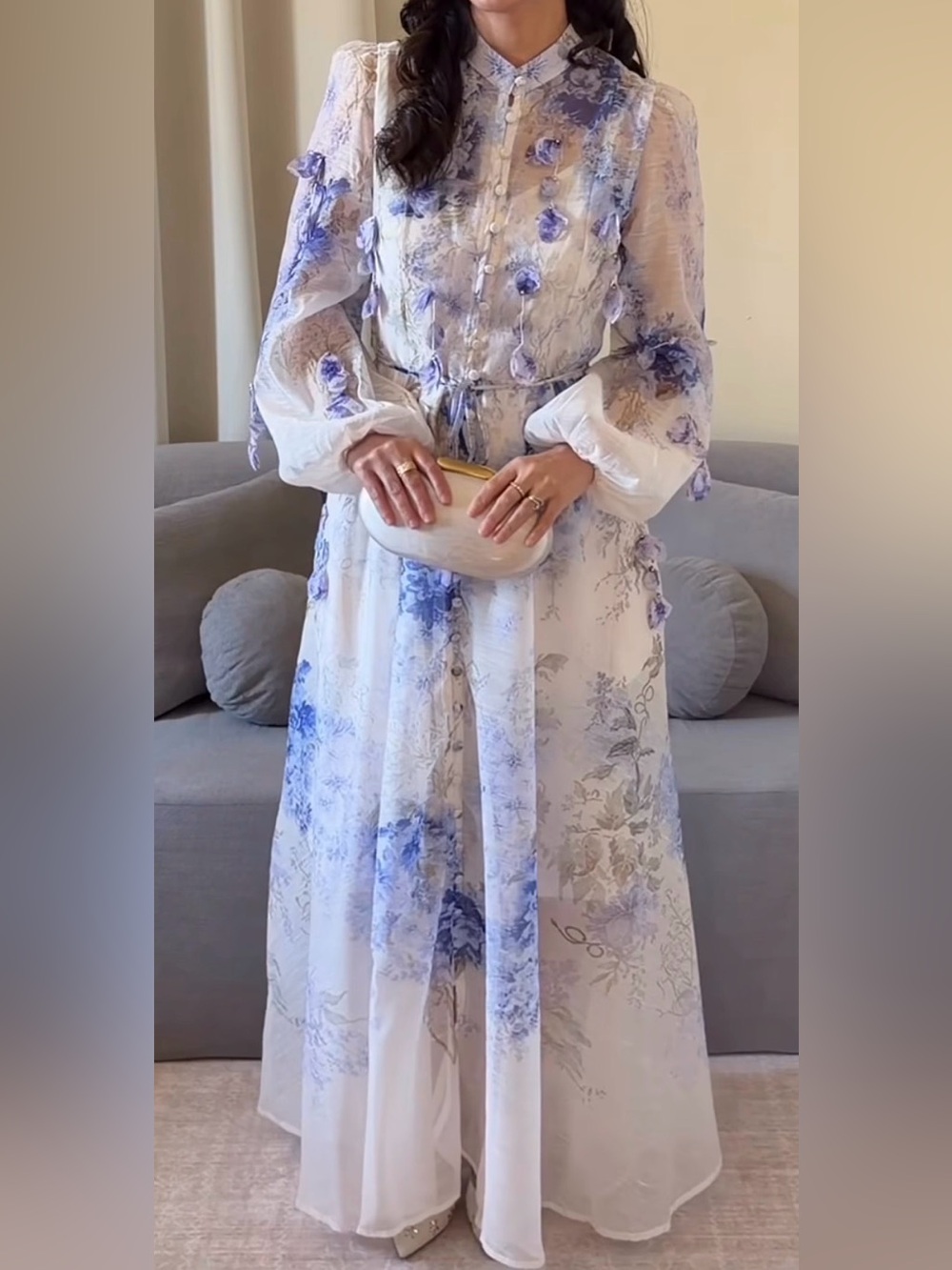 White and Blue Floral Maxi Dress with 3D appliqués by Sunfere